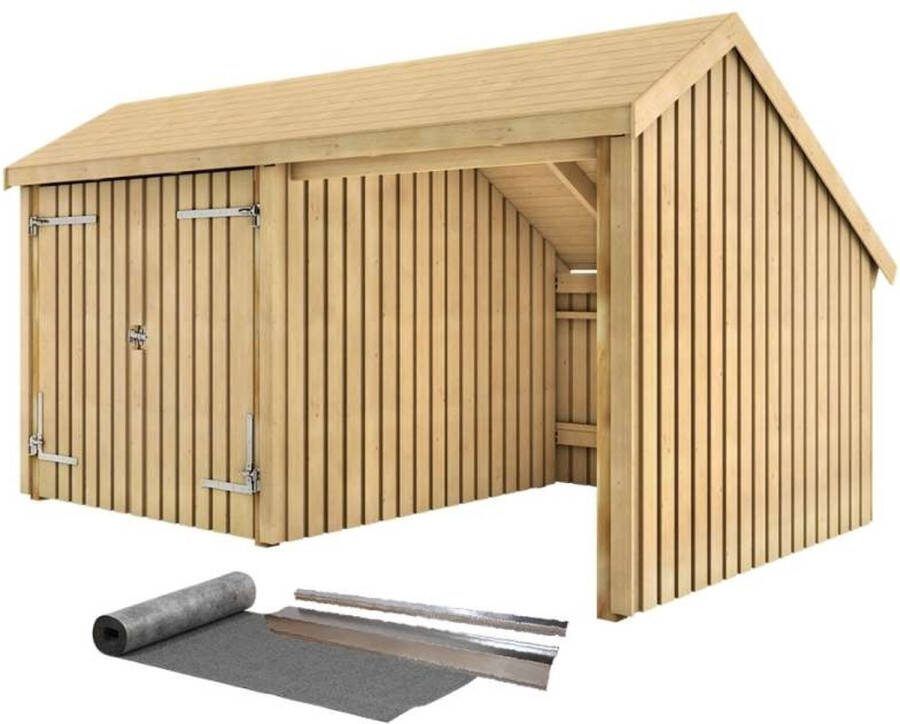 Plus Danmark Multi tuinhuis dubbele deur open 10 5 m2 onbehandeld incl dakleer alu strips 248 x 432 x 250 cm Type B