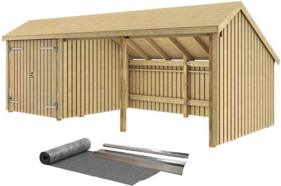 Plus Danmark Multi tuinhuis dubbele deur open 15 5 m2 onbehandeld incl dakleer alu strips 248 x 635 x 250 cm Type B