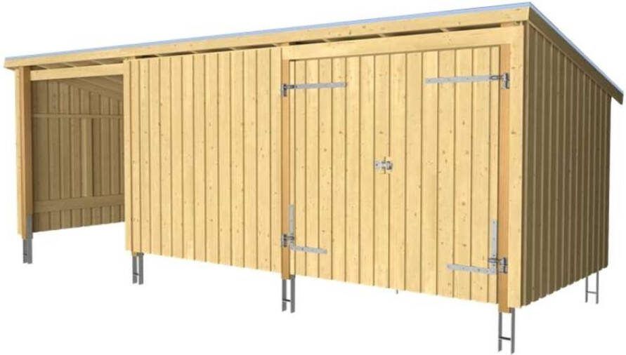 Plus Danmark Multi tuinhuis dubbele deur dicht open 14 m2 onbehandeld compleet 218 x 635 x 220 cm Type C
