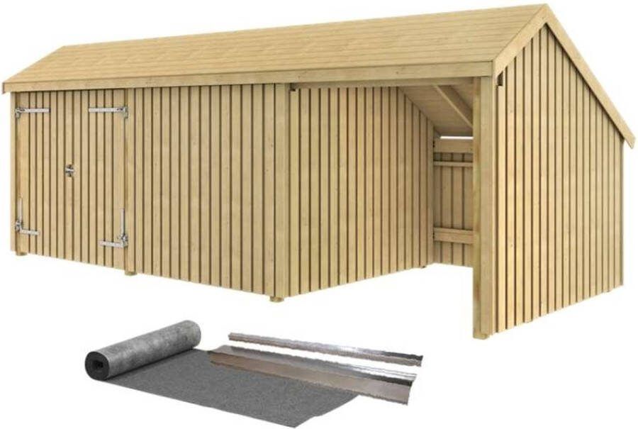 Plus Danmark Multi tuinhuis dubbele deur dicht open 15 5 m2 onbehandeld incl. dakleer alu strips 248 x 635 x 250 cm Type B