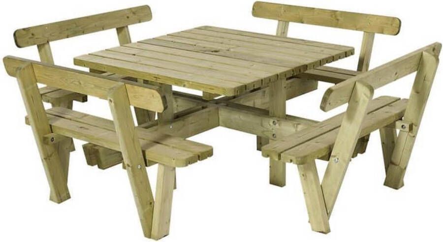 Plus Danmark Picknicktafel vuren geimpregneerd Kombi vierkant met rugleuning 237 x 237 x 84 cm