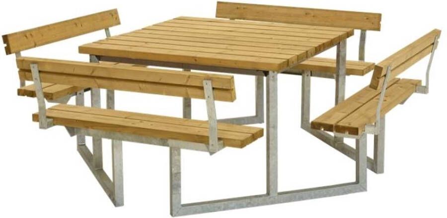 Plus Danmark Picknicktafel lariks onbehandeld | Twist vierkant 4 rugleuningen 227 x 227 x 76 cm
