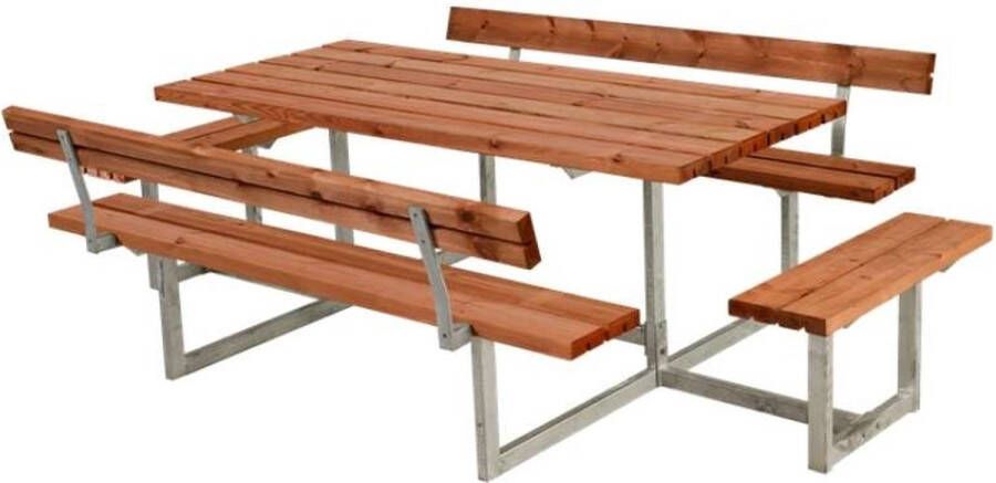 Plus Danmark Picknicktafel vuren geimpregneerd Basic gegrond teak 4 banken 2 met rugleuning 184 x 260 x 75 cm