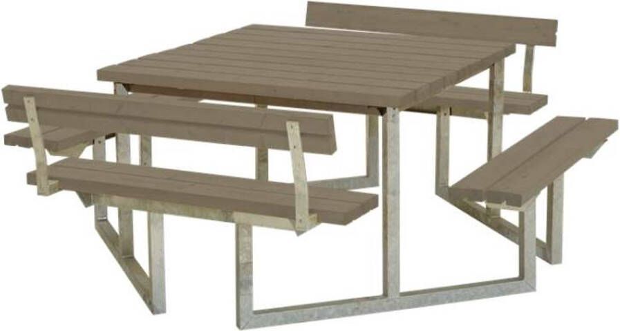 Plus Danmark Picknicktafel vuren geimpregneerd | Twist vierkant 2 rugleuningen gegrond grijsbruin 227 x 204 x 76 cm