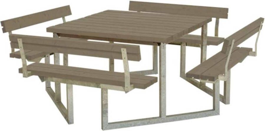 Plus Danmark Picknicktafel vuren geimpregneerd | Twist vierkant 4 rugleuningen gegrond grijsbruin 227 x 227 x 76 cm