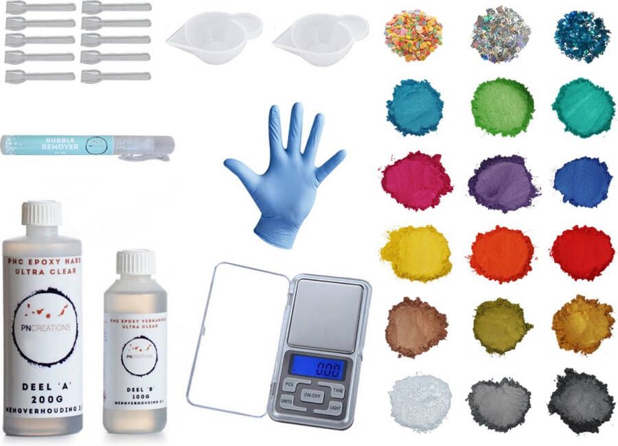 PNCreations Epoxy Startersset | Ultra Clear | 15 Mica Pigmentkleuren | Precisie Weegschaal | Herbruikbare Mengbekers | Bubble Remover