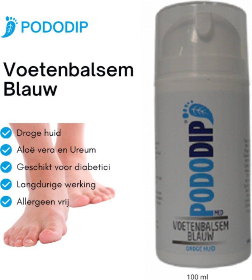 Pododip Blauw Voet Crème Balsem Droge huid Voetverzorging Hydrateert droge voeten Ureum Aloë vera Kamille Hamamelis lavendel rozemarijn bergden kamfer en munt 100 ml
