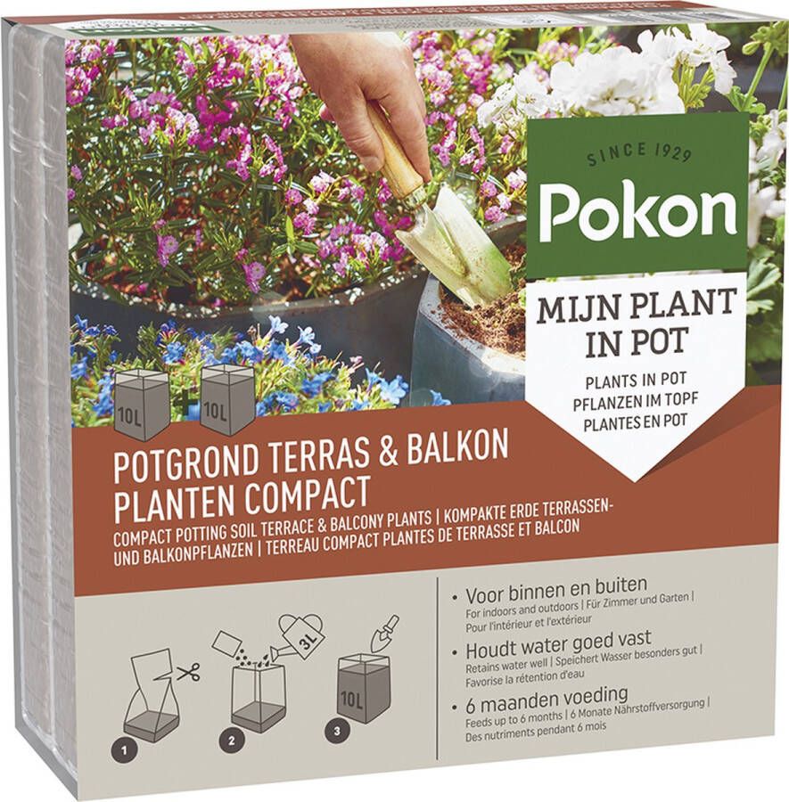Pokon Kokos Potgrond Compact voor Terras & Balkon 20l Potgrond (compact formaat) 6 maanden voeding Alleen water toevoegen