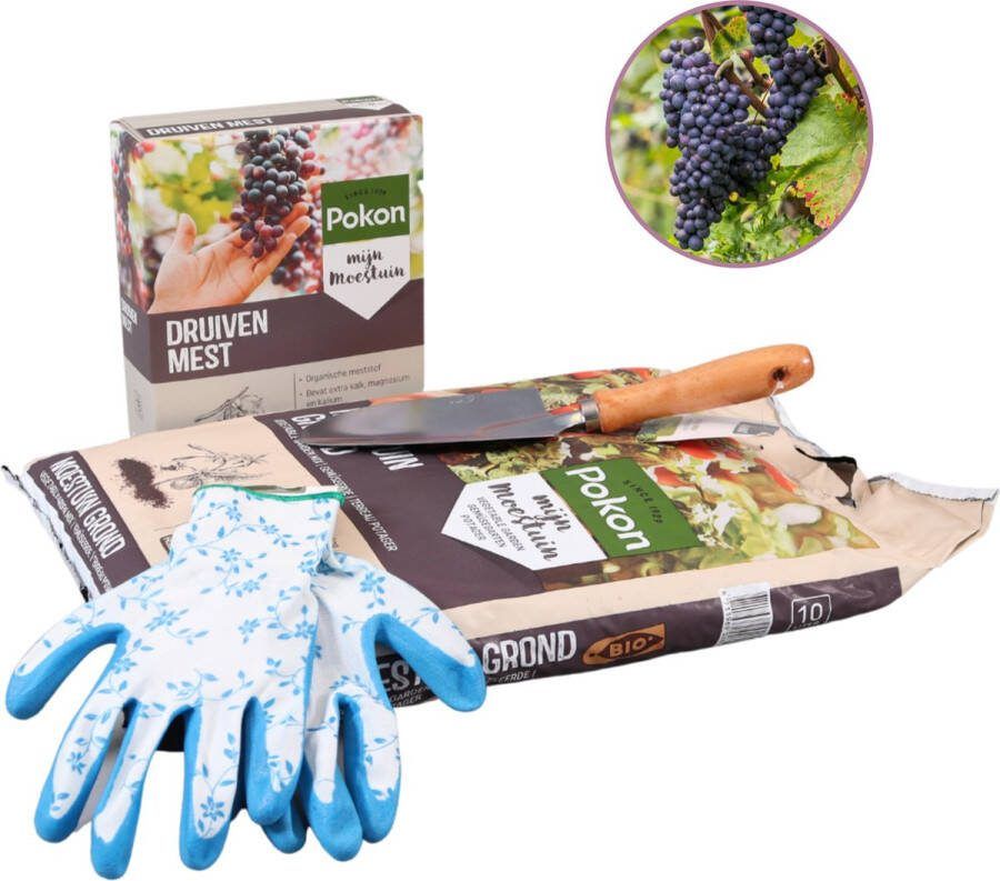 Pokon Druivenplanten verzorgingspakket Combinatiepakket 10 liter biologische moestuingrond 1 kg druivenmest tuin handschoenen 1 schepje