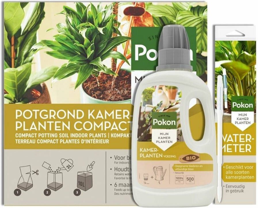 Pokon Kamerplanten Bio turfvrij Pakket Kokos Potgrond Kamerplanten Compact 10 liter + Bio Kamerplanten Voeding 500 ml + Watermeter Voordeelpakket