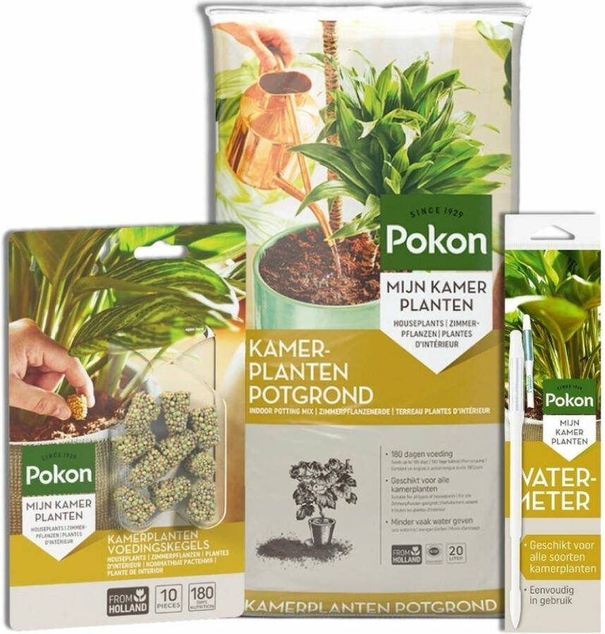 Pokon Kamerplanten Oppot Pakket Potgrond Kamerplanten 20 liter + Kamerplanten Voedingskegels 10 stuks + Watermeter Voordeelpakket