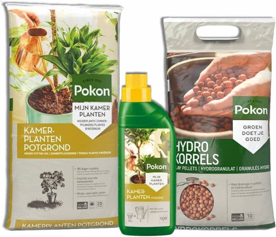 Pokon Kamerplanten Starters Pakket Plantenvoeding Kamerplanten 500 ml + Potgrond Kamerplanten 20 liter + Hydrokorrels 10 liter Voordeelpakket