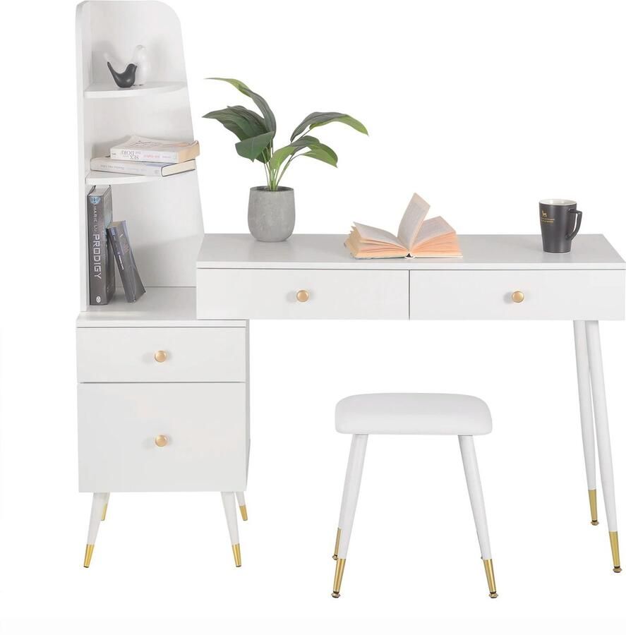 Polaza Mason Make-Up Tafel met Spiegel Kaptafel met Spiegel Make-Up tafel voor meisjes Inclusief Zitkruk Inclusief Spiegel Wit 136.5 Cm x130 Cm x40 Cm