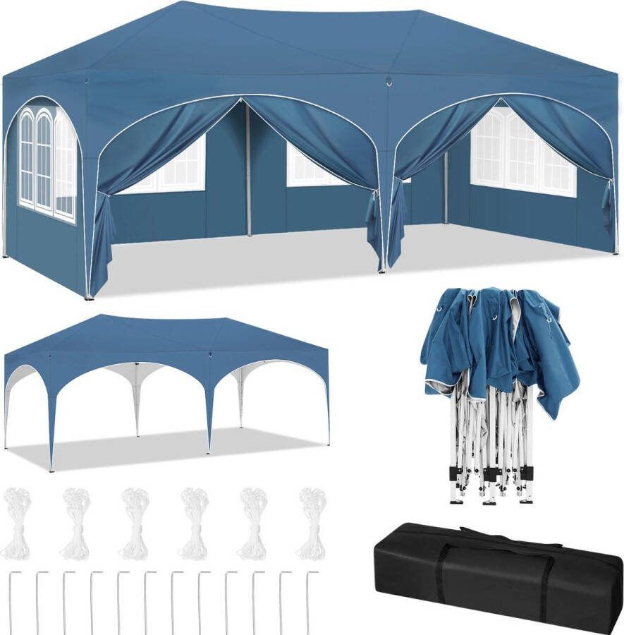 Polaza Mason Opvouwbare Tent Dubbele Partytent met 6 Zijwanden Weersbestendig en waterdicht Tuinpaviljoen Dubbel uitgevoerd 600x300 Cm Blauw