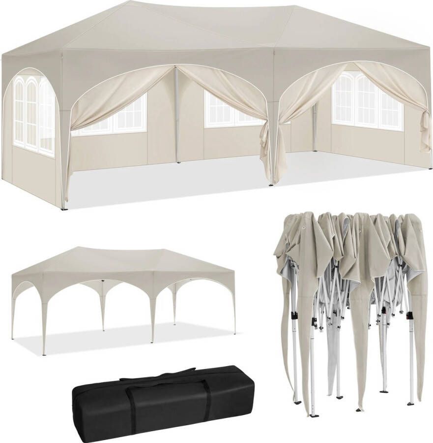 Polaza Mason Opvouwbare Tent Dubbele Partytent met 6 Zijwanden Weersbestendig en waterdicht Tuinpaviljoen Dubbel uitgevoerd 600x300 Cm Beige
