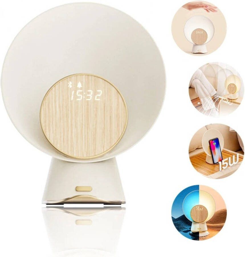 PolderGoods Lamp nachtkastje 5 in 1 Nachtlampje volwassenen slaapkamer Draadloze Oplader Draadloze luidspreker met Bluetooth 5.0 Digitale wekker Wit