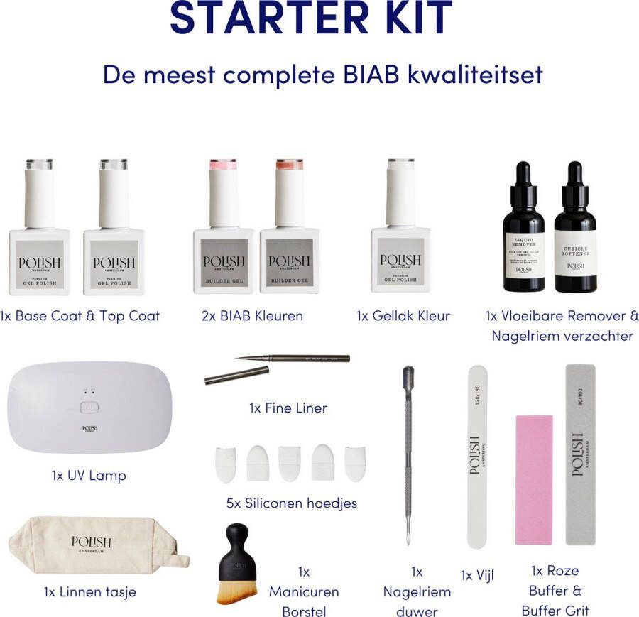 Polish Amsterdam BIAB Starter Kit Builder in a Bottle BIAB Nagel Builder Gel BIAB Nagellak Starterset Inclusief 36W UV LED Lamp 2x BIAB kleur Top base Coat Nagelriem pusher Gellak Nagelremover Linnen tas