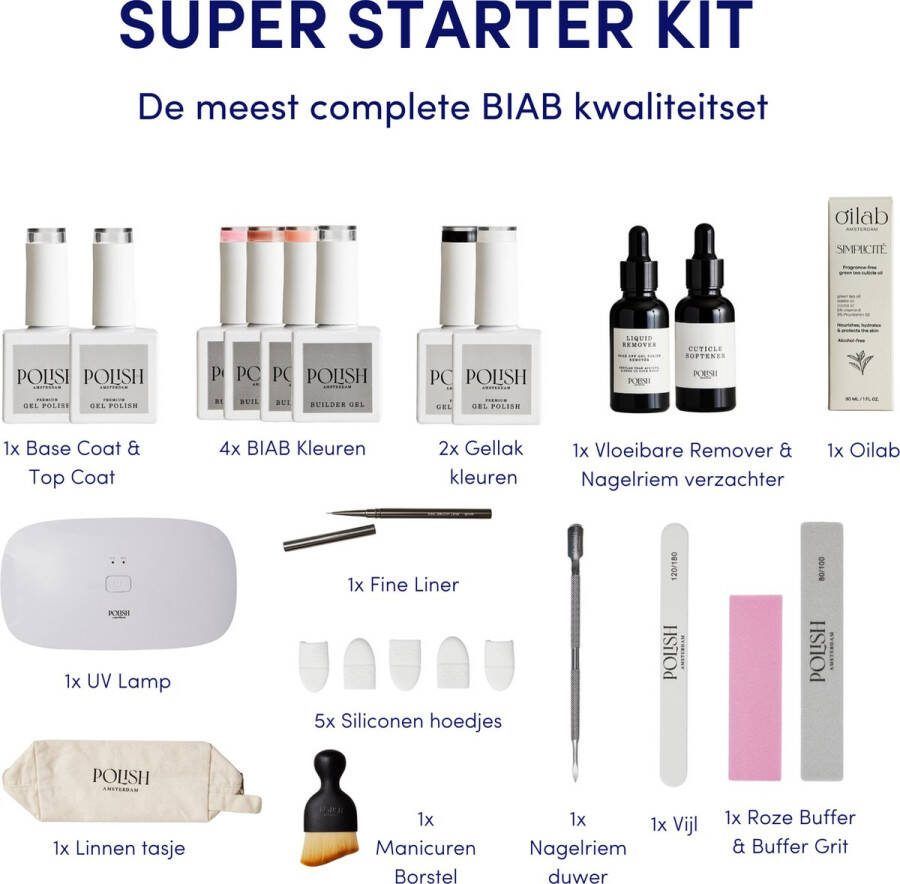 Polish Amsterdam BIAB Super Starter Kit Builder in a Bottle BIAB Nagel Builder Gel BIAB Nagellak Starterset Inclusief 36W UV LED Lamp 4x BIAB kleur Top base Coat Nagelriem pusher 2x gellak Nagelremover linnen tas