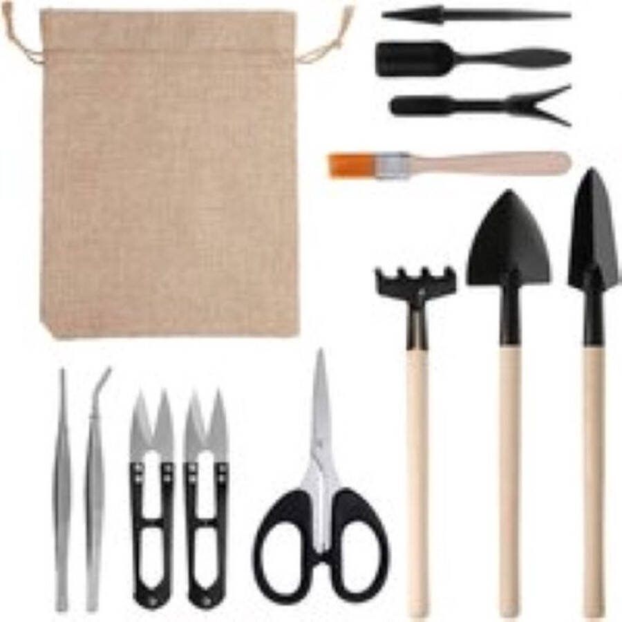 PolkaHome 13-delige mini-tuingereedschapsset bonsai-gereedschap inclusief snoeischaar schaar mini-hark kwast knoppen en bladsnijder klein tuingereedschapsset