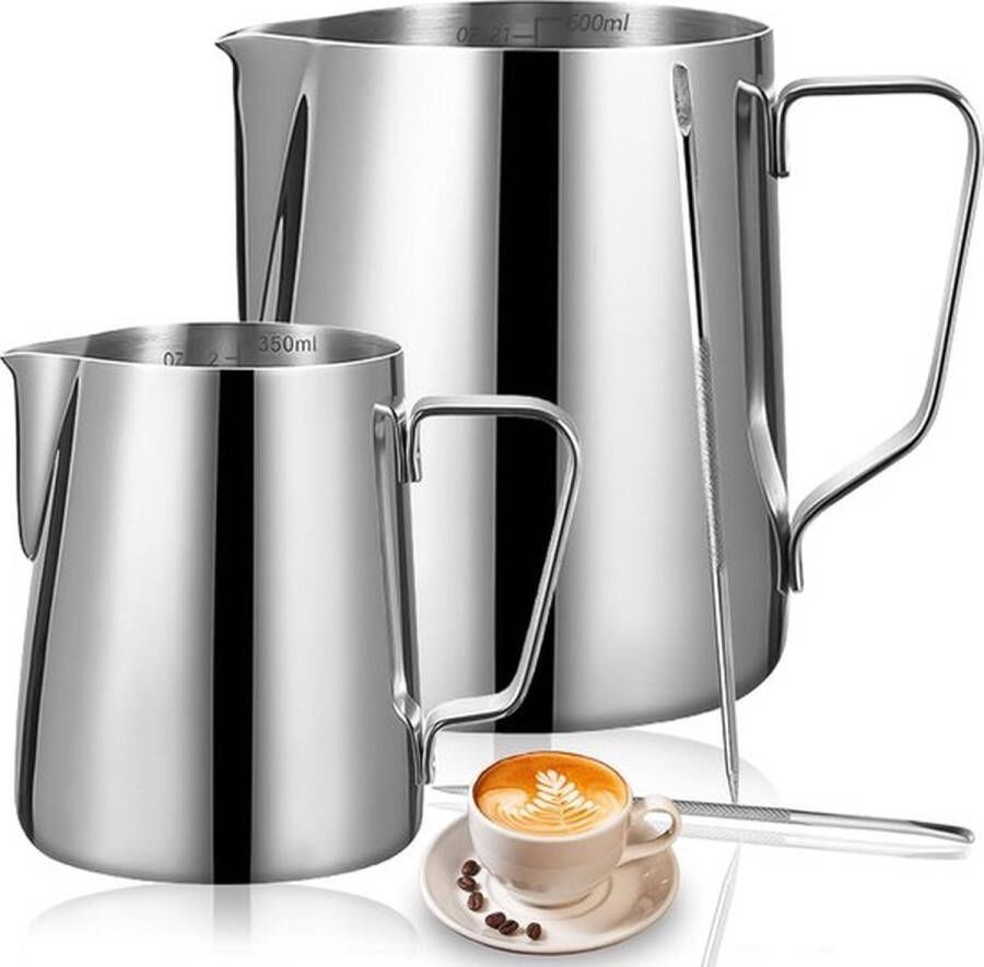 PolkaHome 2 stuks melkkannen 350 & 600 ml roestvrij staal melkkan roestvrij staal melkkan voor het opschuimen van melk roestvrij staal met maatmarkering espressokan melkopschuimen voor cappuccino en latte