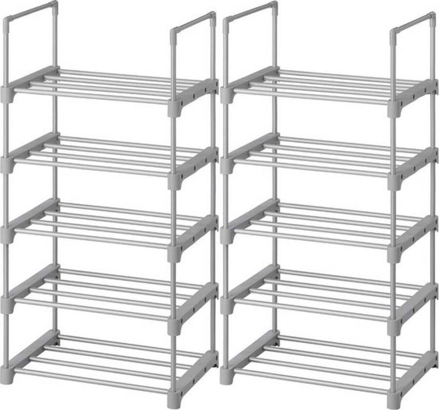 PolkaHome 5-niveaus metalen schoenenrek set van 2 stapelbaar en ruimtebesparend grijs multifunctioneel voor hal slaapkamer woonkamer