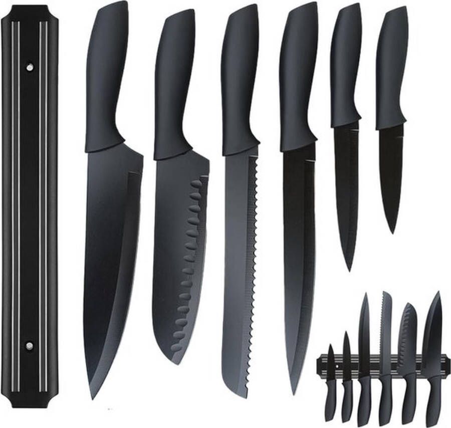 PolkaHome 7-delige messenset keukenmessenset koksmessen santoku mes groentemes schilmes scherp mes van roestvrij staal anti-aanbaklaag soft-touch handgrepen met magnetische messenhouder (7-delige set)