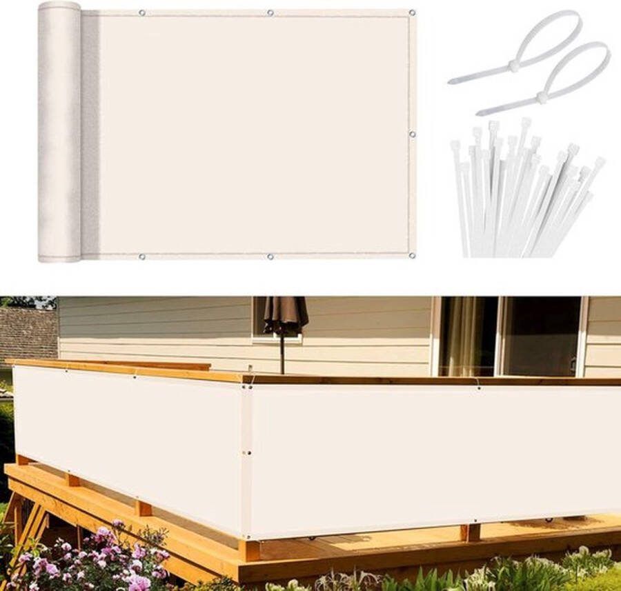 PolkaHome Balkonscherm inkijkbescherming balkonafdekking 90 x 500 cm windbescherming ondoorzichtig balkonbekleding PES 170g m² wind- en uv-bescherming met oogjes en kabelbinders crèmewit