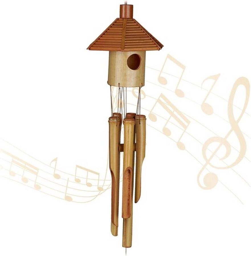 PolkaHome Bamboe windgong windvanger decoratie voor binnen & buiten warme klank HBD 65 x 11 x 13 cm naturel oranje