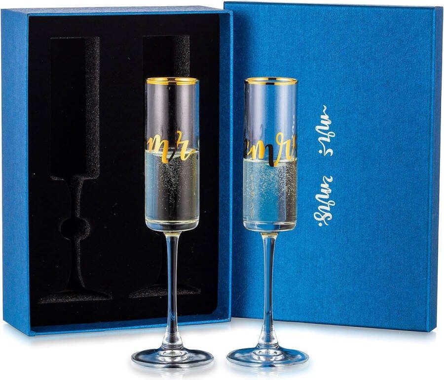 PolkaHome Champagneglazen Huwelijkscadeaus: Set van 2 Kristallen Champagneglazen met Geschenkverpakking Gepersonaliseerd Gegraveerd Steelglas Mr and Mrs Heldere Drinkglazen met Gouden Rand