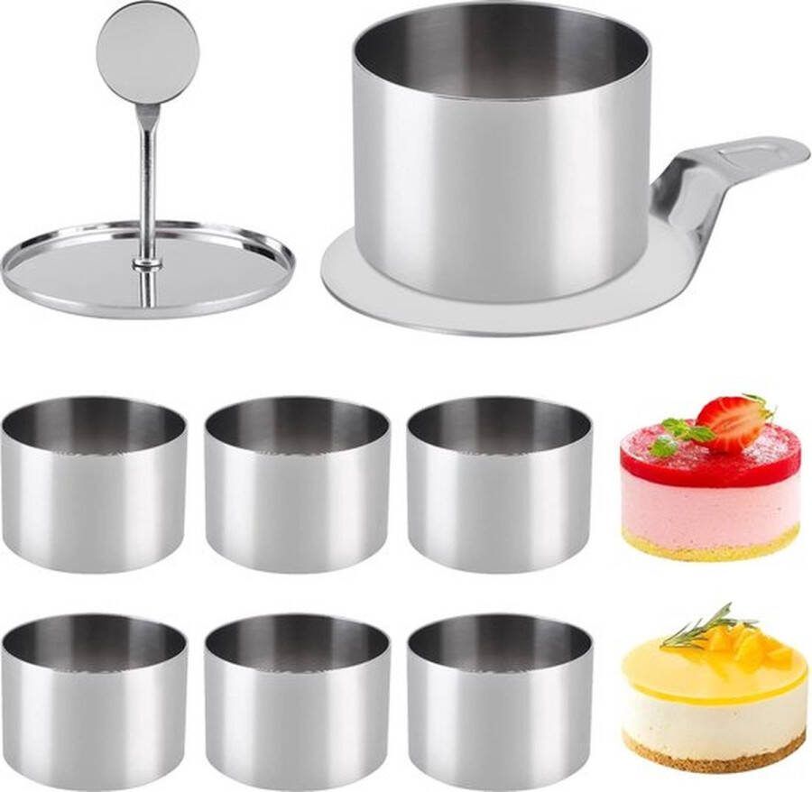 PolkaHome Dessertringen serveerringen taartring kleine eetringen 6 stuks roestvrij staal set met lifter en stamper taartringen voor zelfgemaakte cake mousse (Ø 7 5 cm hoogte 5 cm)