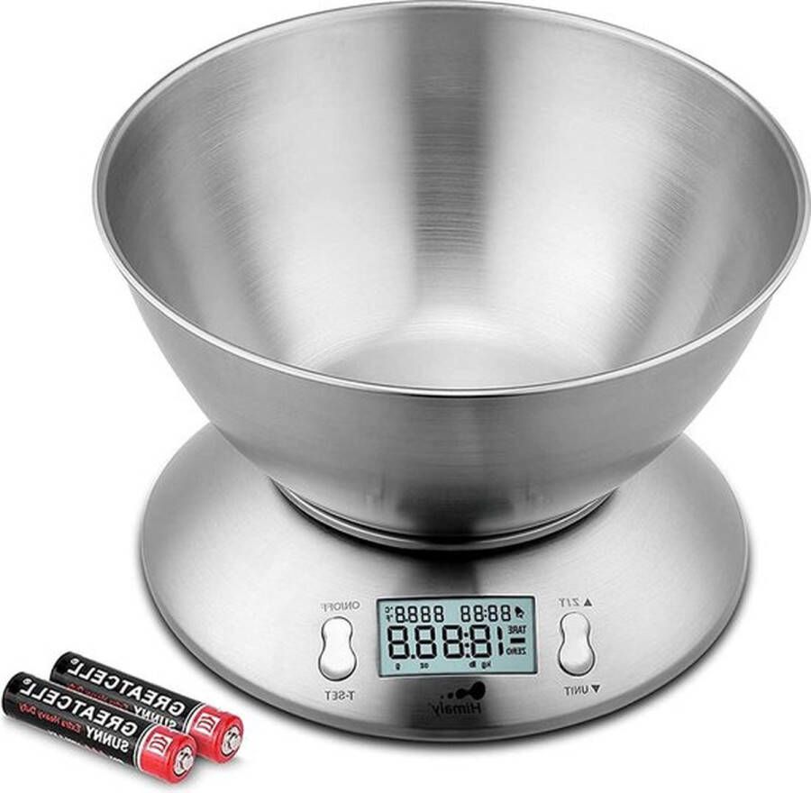 PolkaHome Digitale keukenweegschaal 5 kg roestvrij staal met afneembare kom bakken en koken tarra-functie LCD-display auto-off