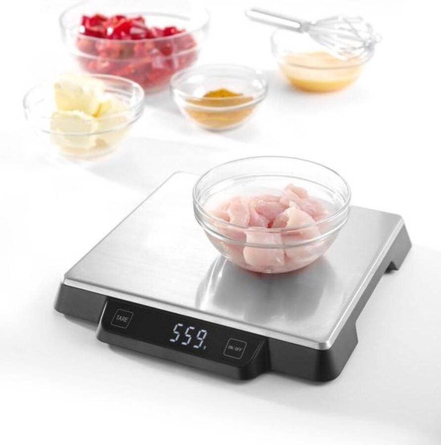 PolkaHome Digitale keukenweegschaal max 15kg precisie 1gr digitaal display 266x269x(H)34 mm HIPS RVS