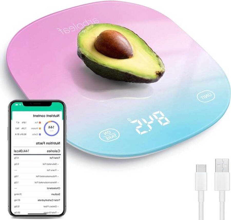 PolkaHome Digitale keukenweegschaal met voedingsrekenmachine slimme keukenweegschaal tarrafunctie USB oplaadbaar 5kg 0.5g bunt