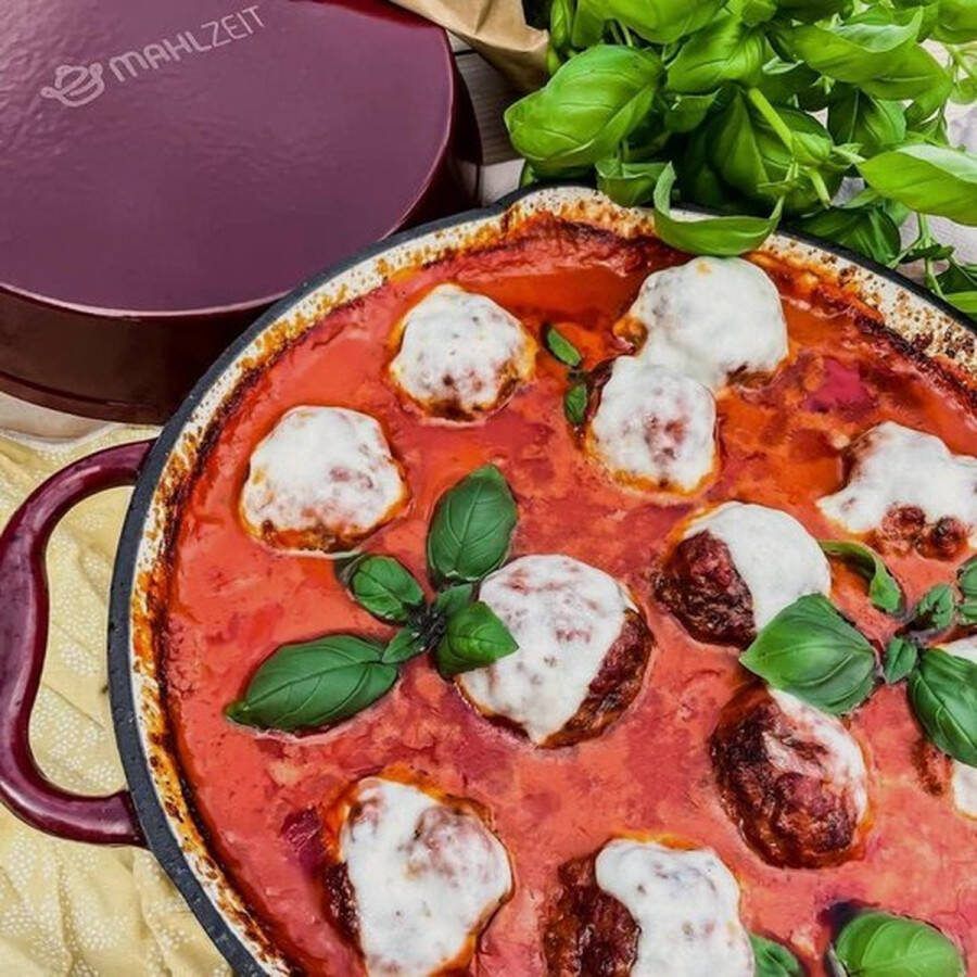 PolkaHome Gietijzeren Braadpan Geëmailleerd Dark Cherry Diameter 29 cm Met Handgrepen en Schenktuiten