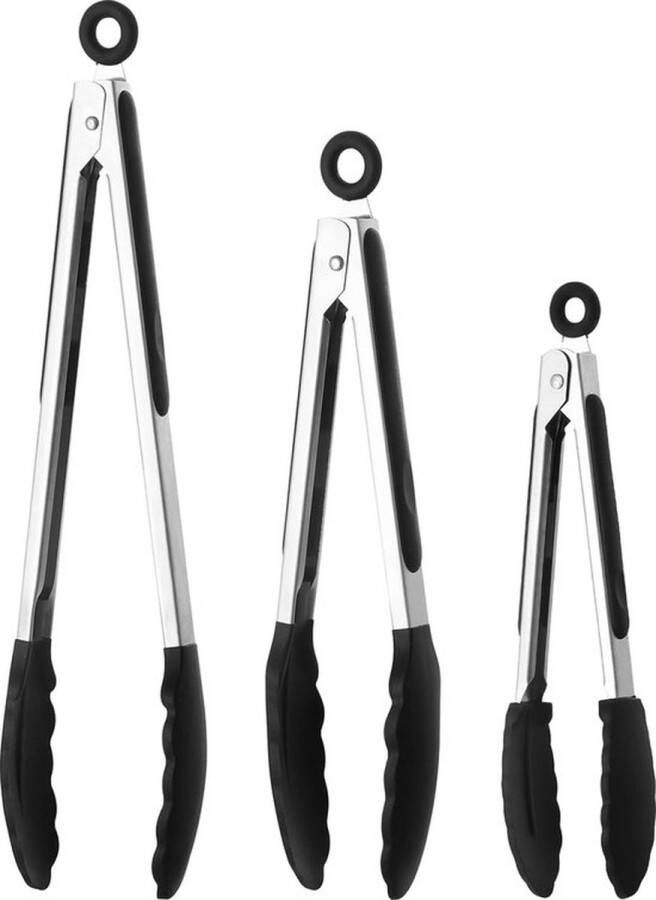 PolkaHome Grilltang siliconen set 3-delig keukentang silicone hittebestendig ruimtebesparend op te hangen 3 verschillende maten voor keuken hittebestendige kooktang barbecuetang (zwart)