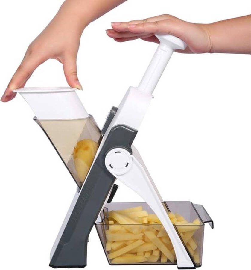 PolkaHome Groentesnijder met opvangbak groenteschaaf ideaal als frietsnijder aardappelsnijder uiensnijder komkommerschaaf kubussnijder julienner multisnijder (A grijs)