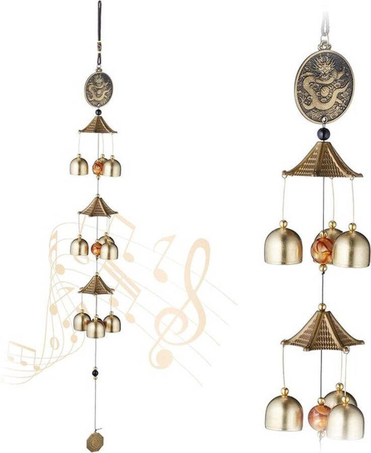 PolkaHome Grote set van 2 windgongen voor binnen en buiten Feng Shui decoratie met metalen klokken in goud zwart