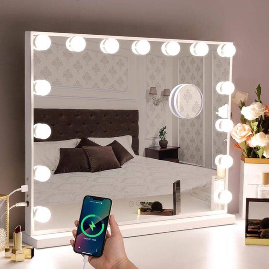 PolkaHome Hollywood Spiegel met Verlichting Grote Make-upspiegel 15 LED-lampen USB Oplaadpoort 3 Kleurtemperaturen Slaapkamer Kleedkamer Hollywood spiegel