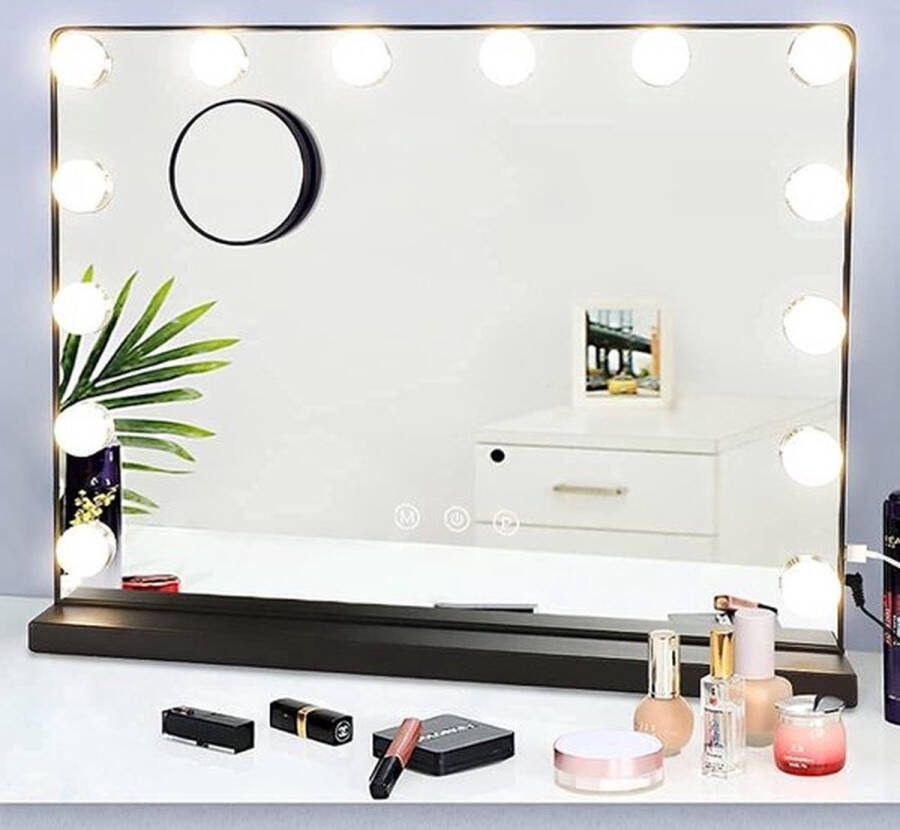 PolkaHome Hollywood spiegel met verlichting voor make-uptafel 14 dimbare ledlampen 3 kleurtemperatuur 50 x 40 cm