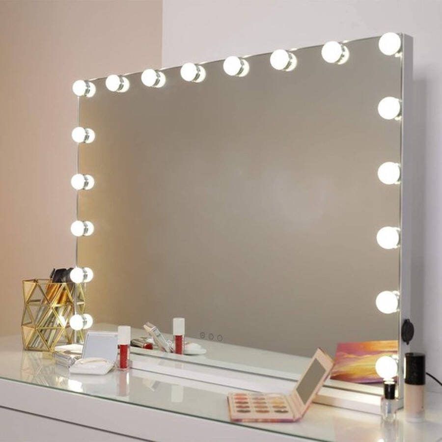 PolkaHome Hollywood-stijl 80 x 60 cm tafelspiegel met 3 kleuren licht en 18 dimbare LED-lampen