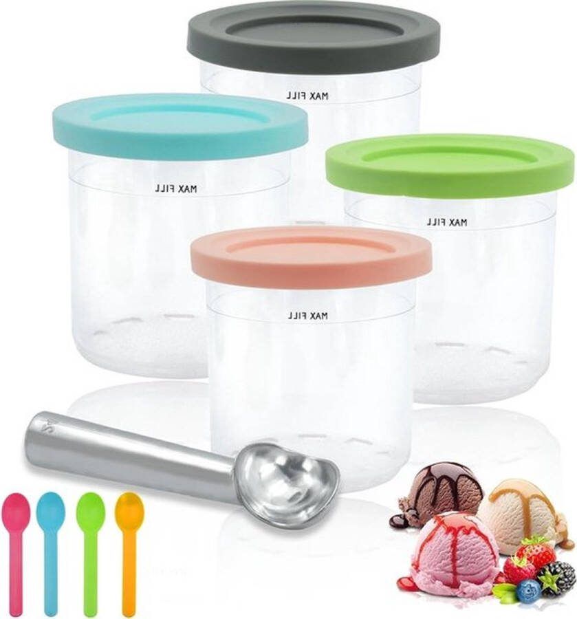 PolkaHome IJsbakjes met deksels en lepel set van 4 ijsblokjesvormen voor Ninja Creami-ijsmachine BPA-vrij