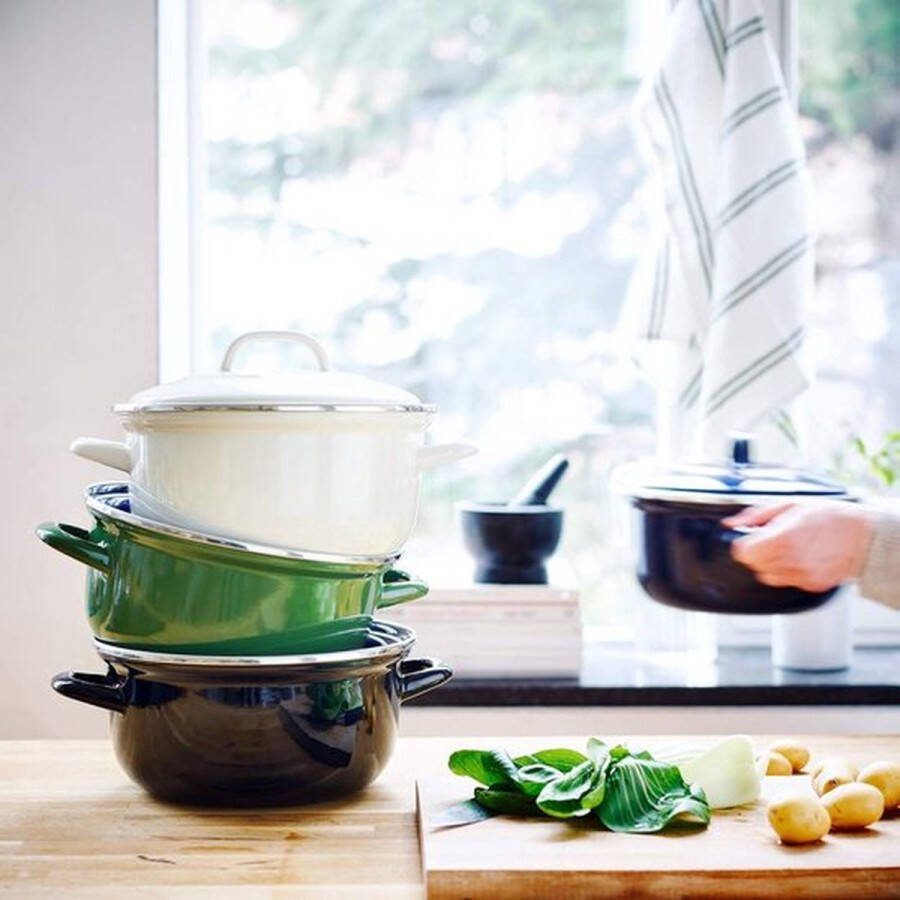 PolkaHome Indigo Ronde Nederlandse geëmailleerde braadpan met deksel 22cm 33 liter inductie crème kleur vaatwasmachinebestendig