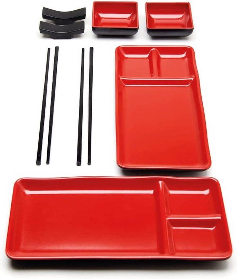 PolkaHome Japans melaminesushiservies (8 stuks) bevat 2 zwarte servies 2 sausschaaltjes 2 eetstokjes en 2 eetstokjes plank Aziatische serviesset (rood)