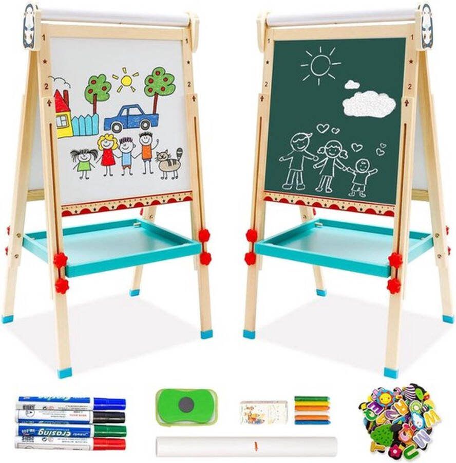 PolkaHome Kinderspeelbord van hout met papieren rol dubbelzijdig whiteboard en schildersezel met cijfers en andere accessoires voor kinderen en peuters (pinguïn)