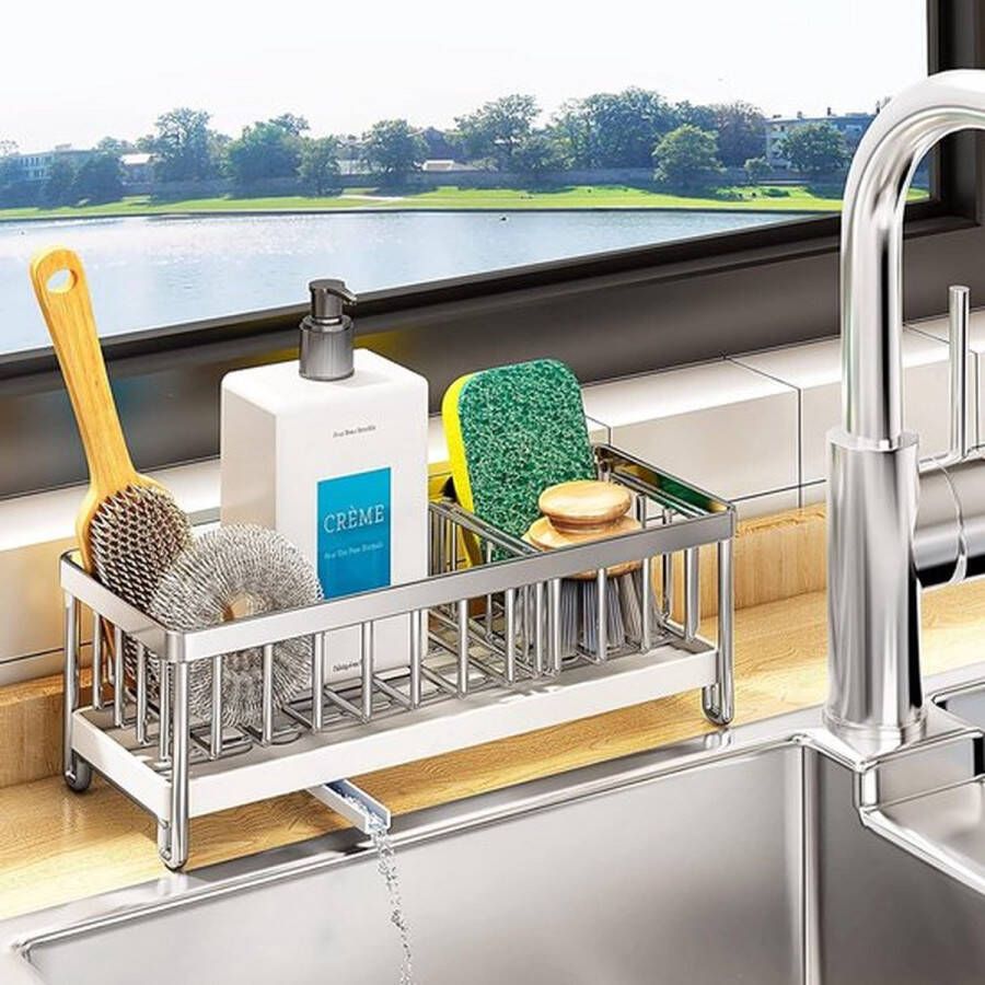 PolkaHome Kitchen Sink Organizer Sponshouder Kitchen Sink Badkamer Organizer met verwijderbare lekbak RVS Kitchen Organizer Storage (Zilver)