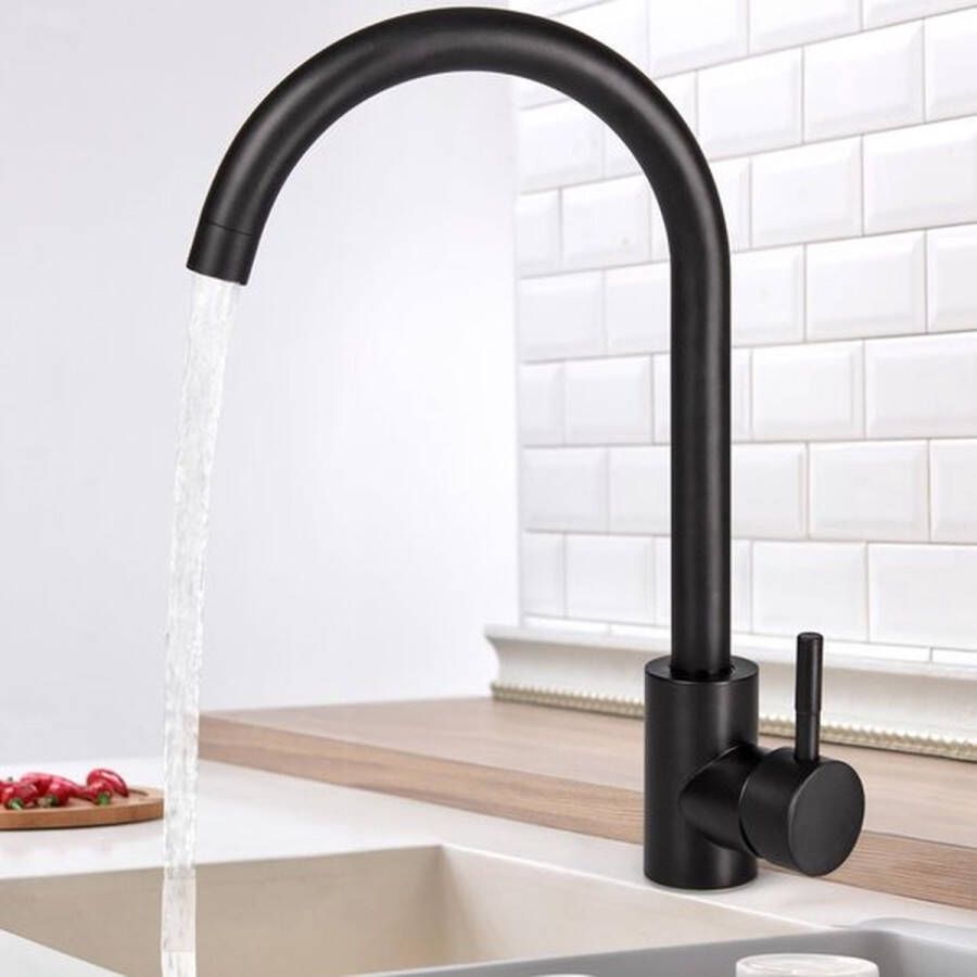 PolkaHome Lagedruk waterkraan spoelbakkraan keuken 360° draaibare roestvrijstalen keukenkraan instelbaar koud en warm water roestvrij staal 304 zwart (C-vorm)
