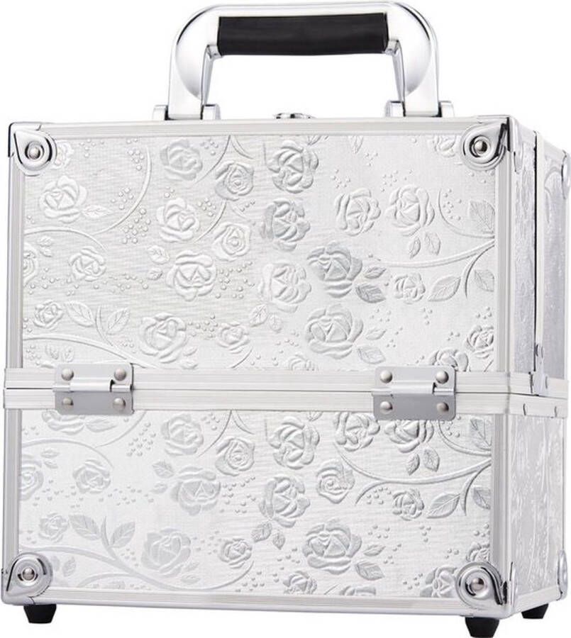 PolkaHome Lege aluminium make-upkoffer Beautycase met slot Multikoffer Rose Relief Zilver Medium make up tafel