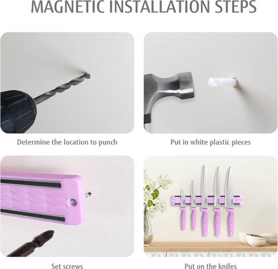 PolkaHome Magneetlijstmes (33 cm) met 5-delige scherpe messenset keukenmessenset roestvrij staal professionele roestvrijstalen messenset voor koks (paars)