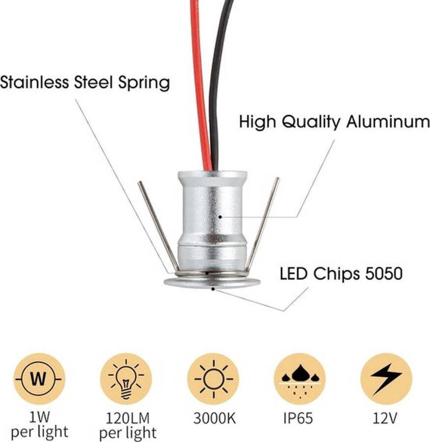 PolkaHome Mini-ledspot 1 W inbouwspot IP65 warmwit doe-het-zelfverlichting voor keuken 9 stuks