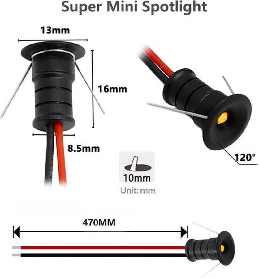 PolkaHome Mini-plafondinbouwspots 10 stuks 0.5 W 12 V keuken trappen vitrine hal doe-het-zelf verlichting downlight zwart warm wit